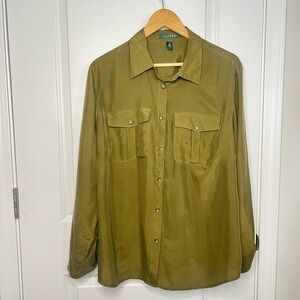Ralph Lauren 100% Silk Army Green Button Down utility pockets XL